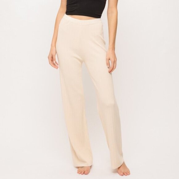 MYSTREE Cream Ribbed Knit Lounge Pants, Wide Leg, High Waist - Picture 1 of 5